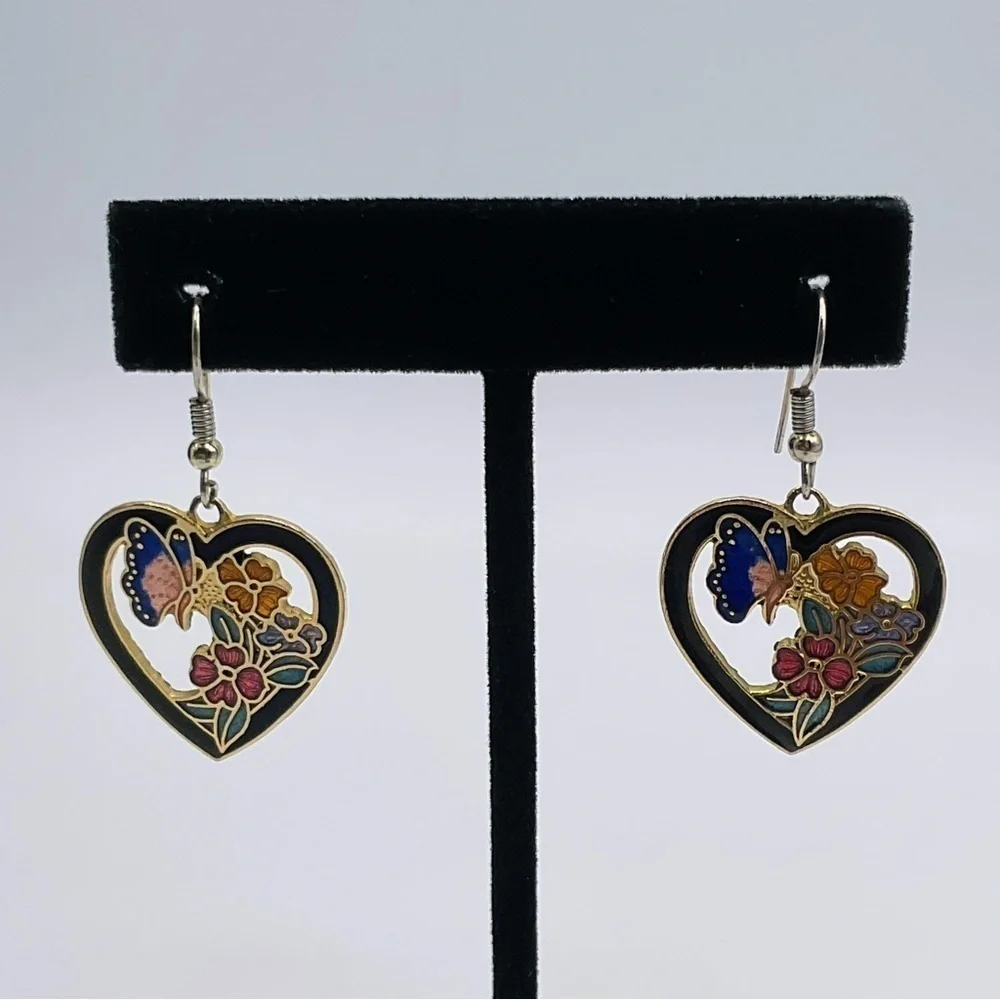 VTG Earrings Cloisonne Flower Butterfly Gold Tone 80s Jewelry Heart Gift Black - Picture 7 of 8
